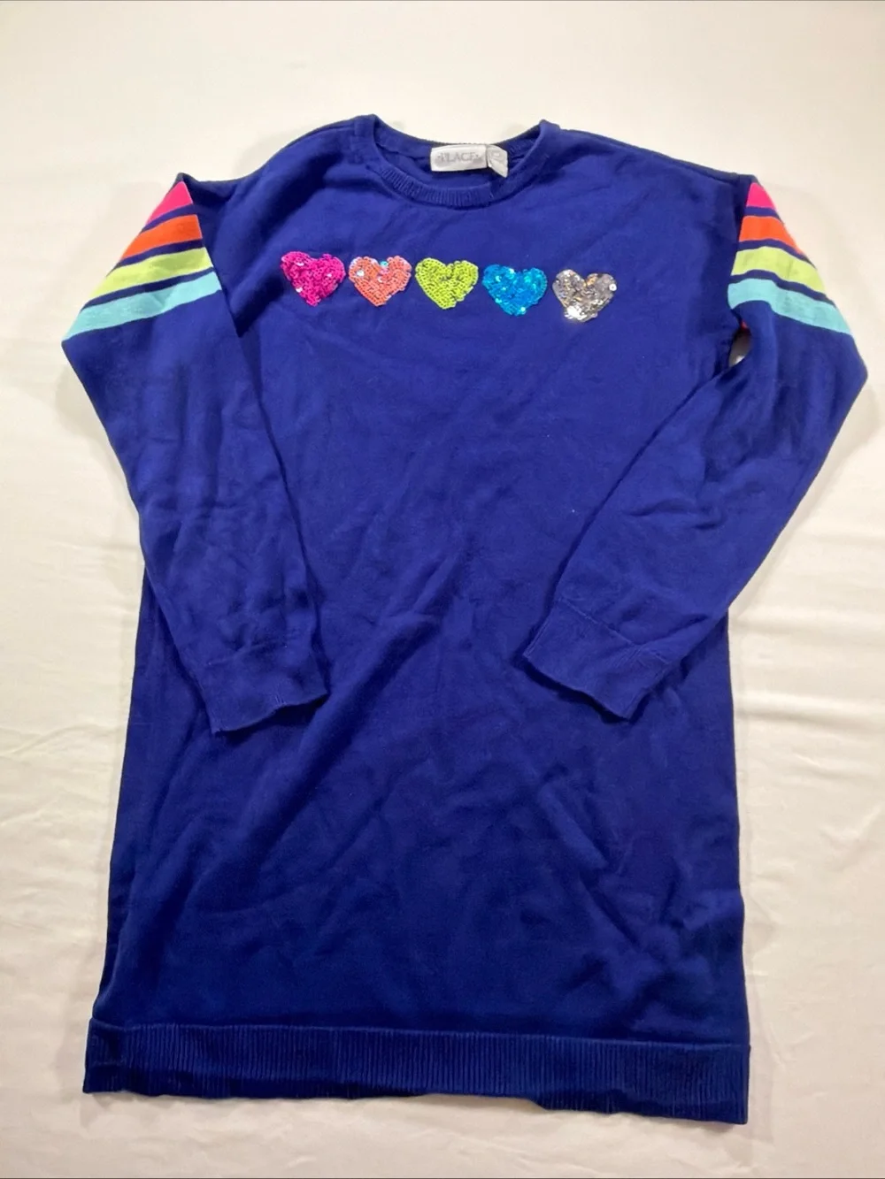 The Children's Place Royal Blue Sequin Heart Sweater with Rainbow Stripes